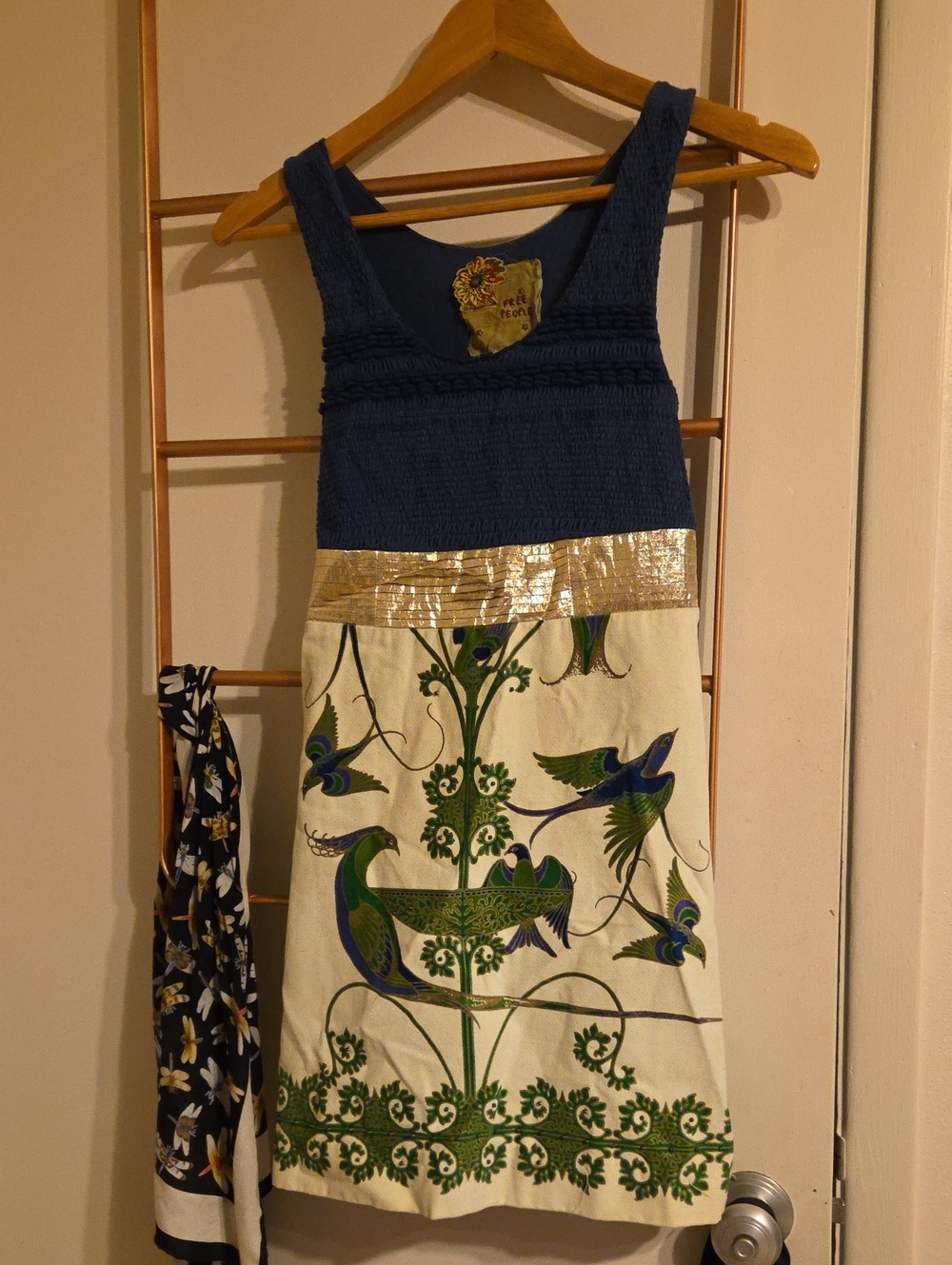 Free People Blue and Cream Floral Bird Print Sundress with Gold Waist